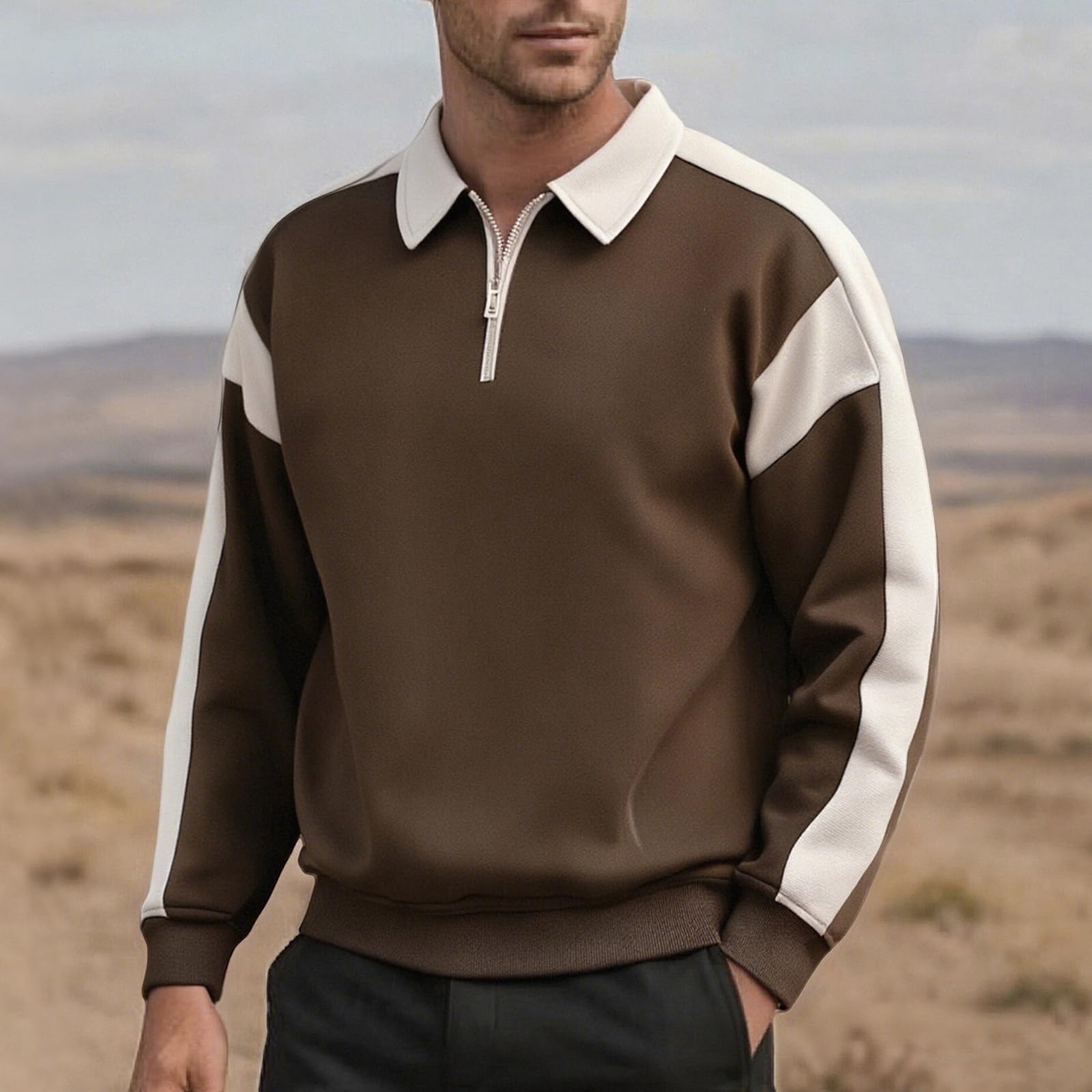 

Mens Long Sleeve Neck Sweatshirts Patchwork Color Block Zip Up Pullovers Fall Casual Loose Fit Outfits Clothes M кофейный