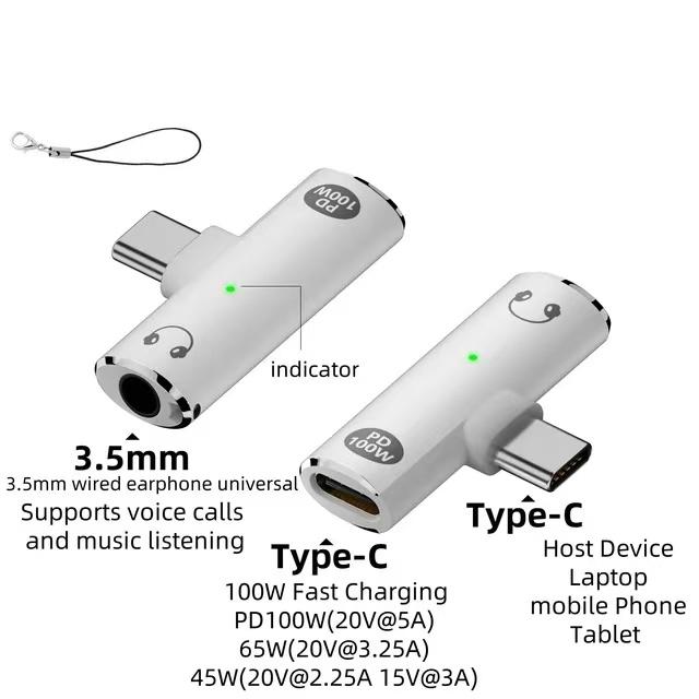 2 in 1 USB Type C Audio Adapter PD 100W 3.5mm Port USB-C Earphone Converter Mobile Phone Tablet for Xiaomi Huawei Realme iPhone 16 15 Pro max