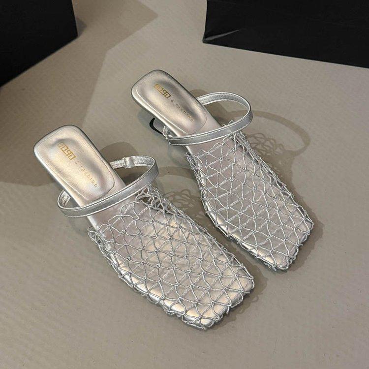Summer new favorite! Niche design fishing net half slippers woven mesh hollow special-shaped and high-heeled outer slippers women