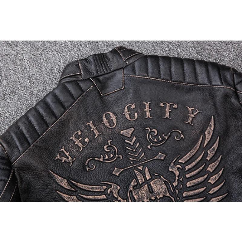 Kurtka motocyklowa Vintage w rozmiarze chińskim Czaszka 100% skóra bydlęca Slim Fit męska skórzana kurtka Zniszczona kurtka motocyklowa zimowa M203