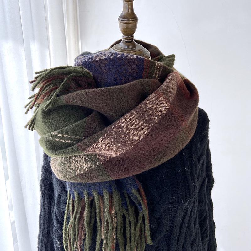 Women's High-End Plaid Tassel Shawl - Imitation Cashmere, Thickened & Warm for Autumn/Winter