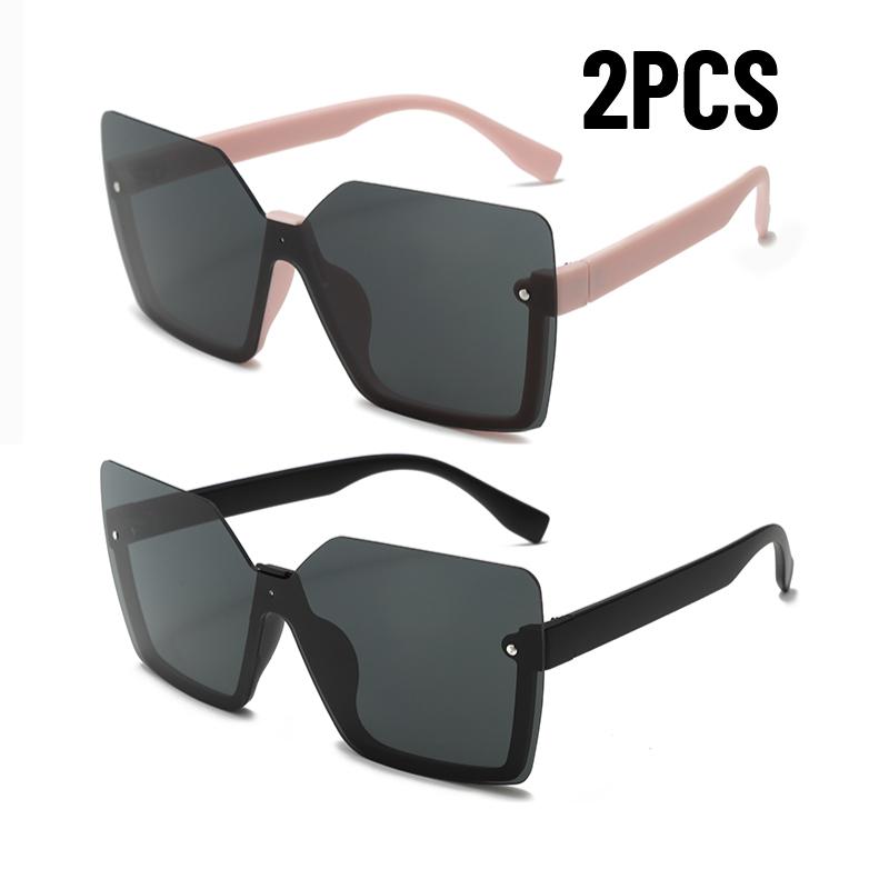 2Pcs New Square Rimless Cut Edge Sunglasses Women Men Punk One Piece Sun Glasses Ladies Round Face Uv400 Trends Outdoor Eyewear