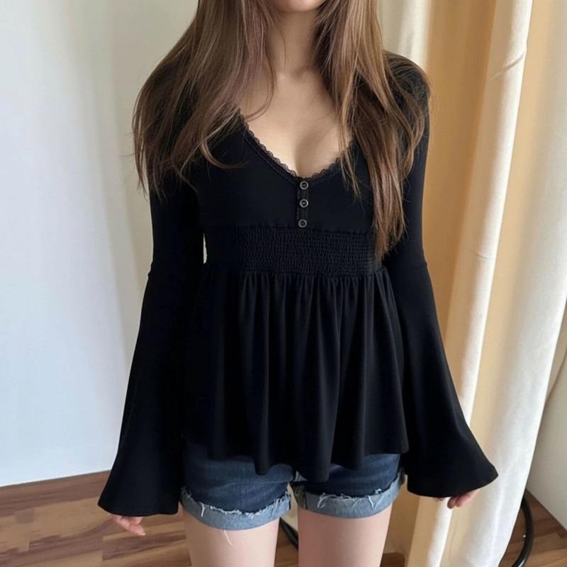 Women's Lace Trim Peplum Blouse V-Neck Long Sleeve Flare Sleeve Top