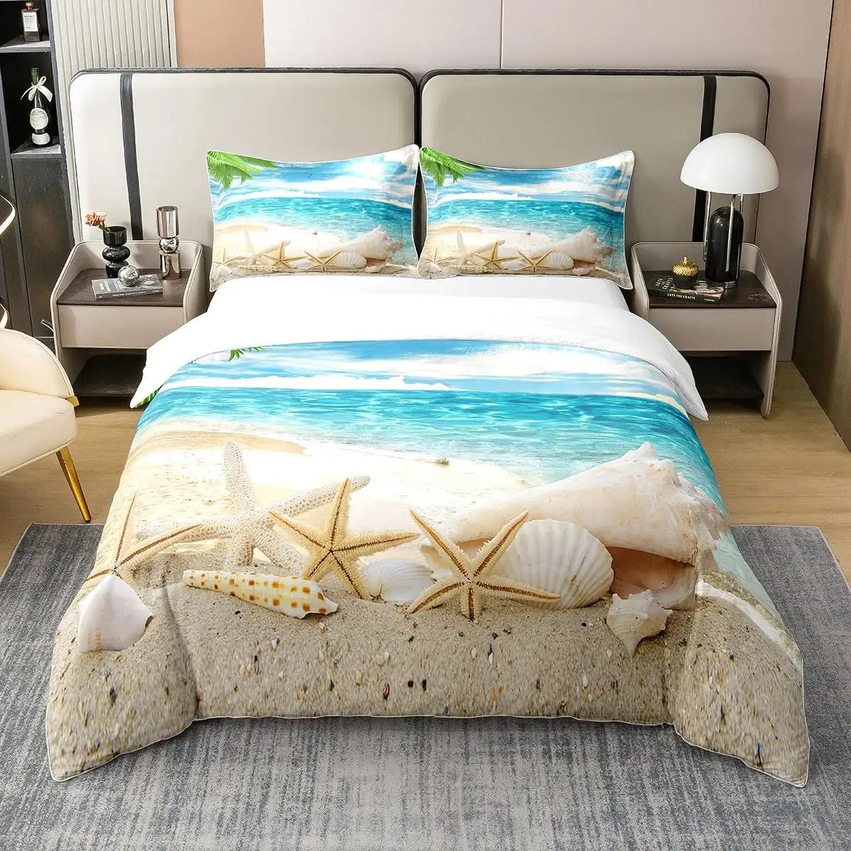 

Ocean Duvet Cover Summer Beach Decor Hawaiian Vacation Style Bedding Set Tropical Nature Sea Theme Palm Trees Comforter Covers US Twin(172x218cm)