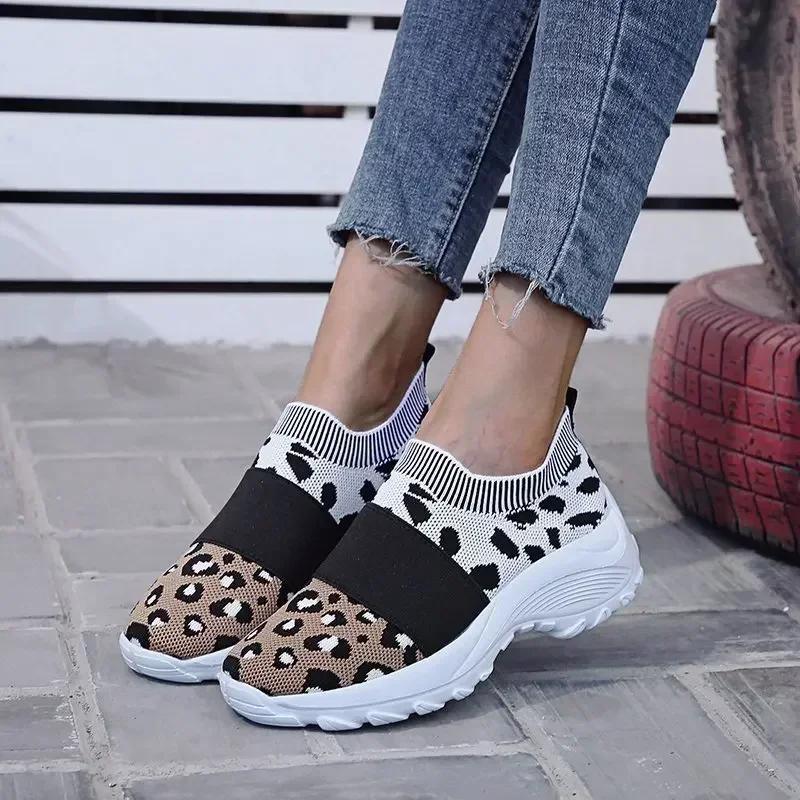 Men Women Summer Sports Sneakers Breathable Leopard print Sneaker Walking Fitness Sport Shoes Chunky Platform Height Increasing Loafers Elastic Tra...