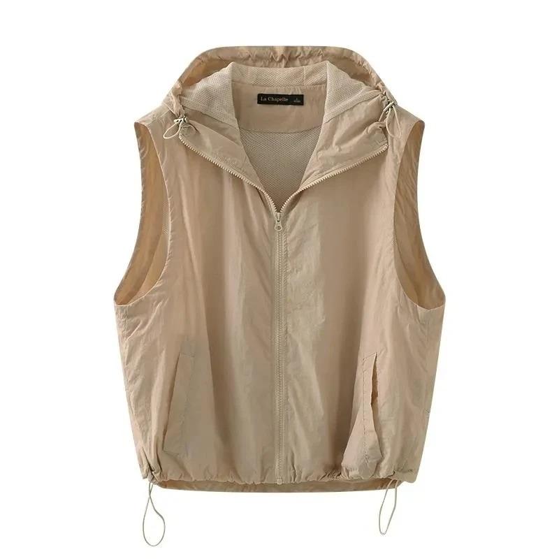 Summer Hooded Sleeveless Breathable Jacket Vest Women's Loose Sports Jacket Zipper Sun Protection Casual Cardigan