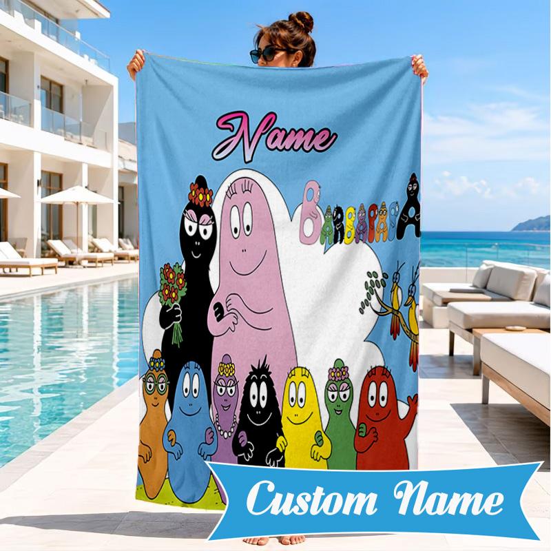 Custom Name Colorful Cartoon Barba-papa Heart In Space Adventure Microfiber Beach Towel, Lightweight for Summer Travel, Swimming Pool Fan Gift