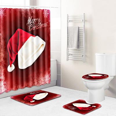 Weihnachten Badezimmer Duschvorhang Vierteilige Kombination Fußmatte Badezimmer Wasserabsorbierend Rutschfest Türvorleger Schlafzimmerteppich