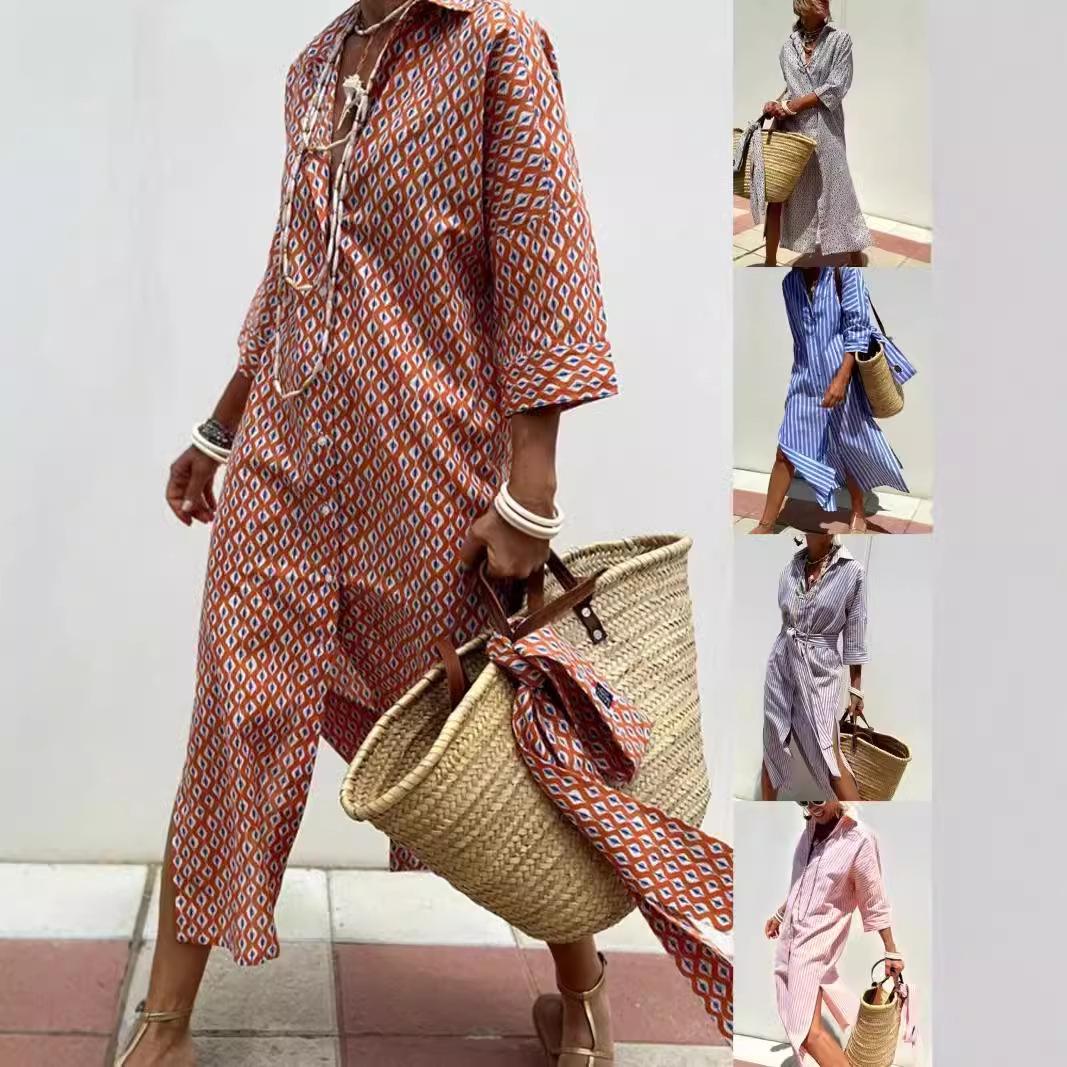 

Women s Autumn Striped Shirt Dress with Side Slit XL