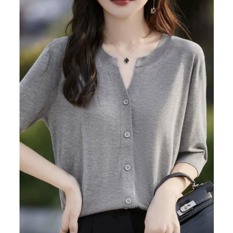 

Women s Short Sleeved T-shirt Summer Loose Cardigan T-shirt V-neck Ice Silk Knitted Top XL