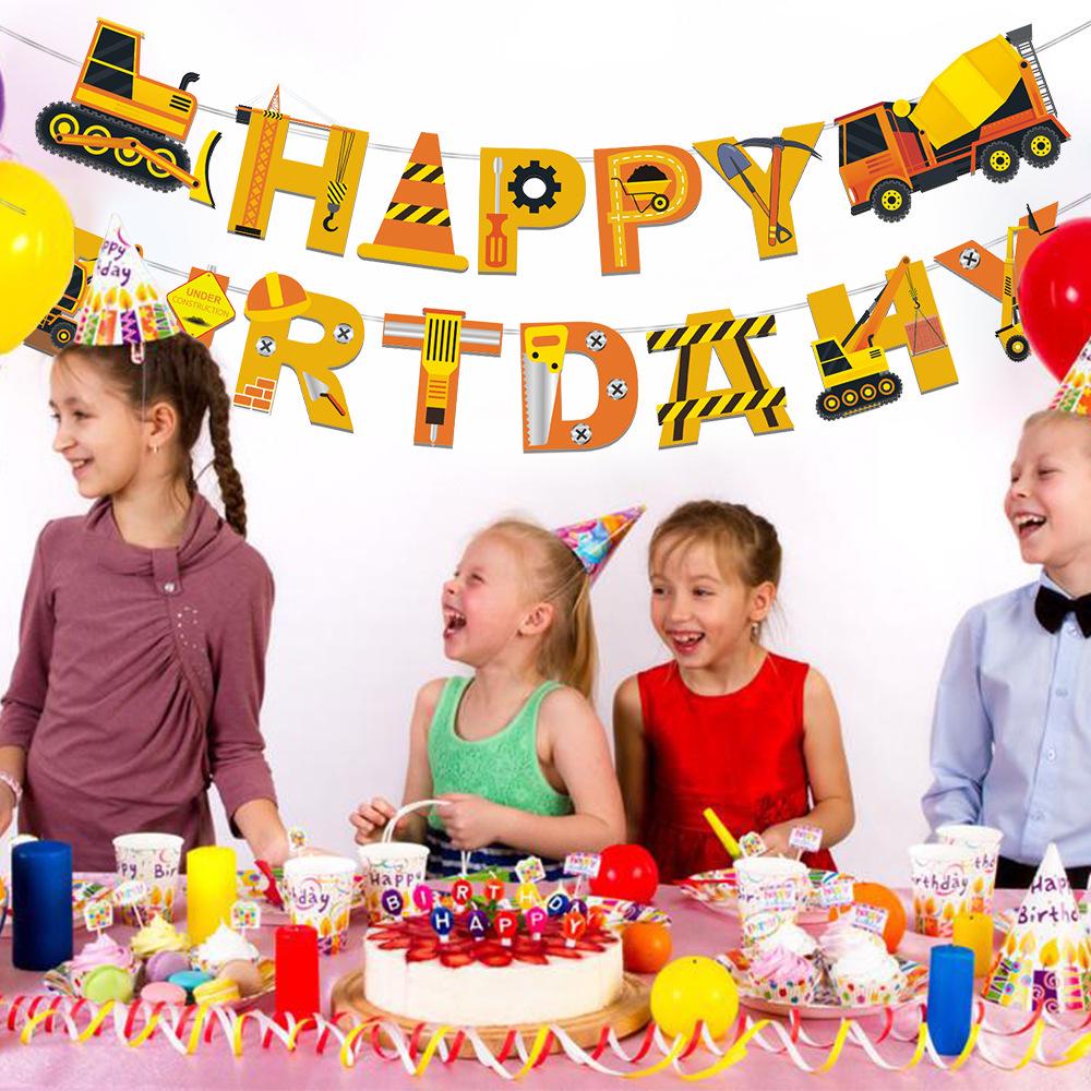 Dinosaurier Feuerwehrwagen & Baufahrzeug Banner - Cartoon Themenparty Dekoration