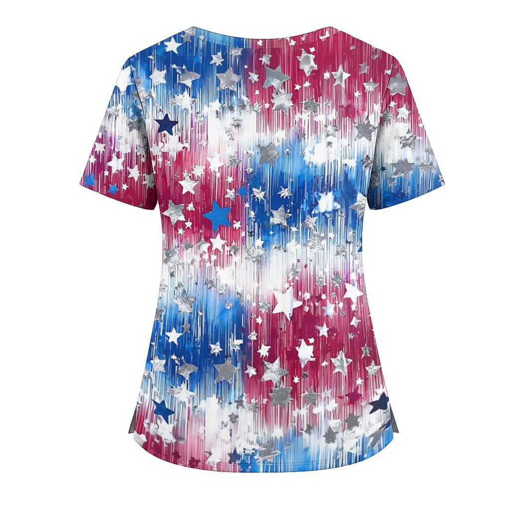 Women's V Neck Short Sleeve Work Top with Pockets Split Hem Independent Day Print Shirt Medical Uniform Nurse Scrub Shirt