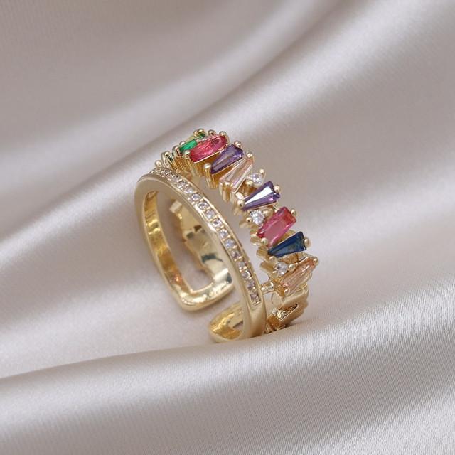 14K Prawdziwe Złocenie Korea Nowa Moda Biżuteria Wykwintne Zielone Cyrkonowe Pszenica Ucho Liść Pierścienie Eleganckie Damskie Otwarte Pierścienie Imprezowe