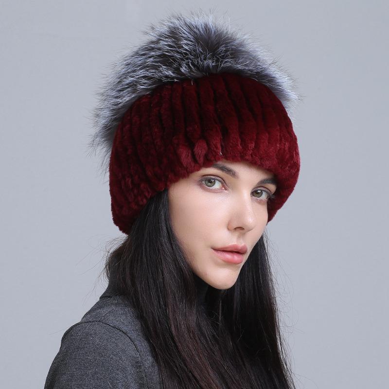 New fur hat Rex rabbit hat thickened versatile fox hair mushroom hat women's winter warm hat