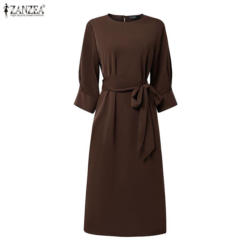 ZANZEA Women Casual Round Neck Loose 3/4 Sleeve Dress