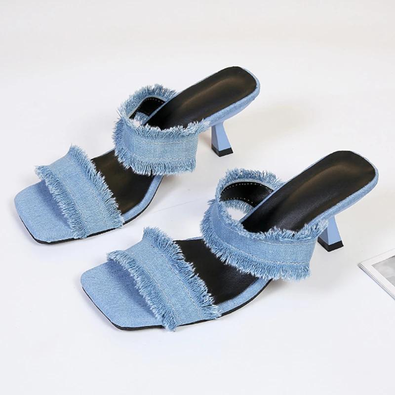 Women Denim Women's Mules Slipper Sandals 2024 Retro Slip on Stiletto Pumps Summer High Heels Peep Toe Shoes Pantuflas De Mujer