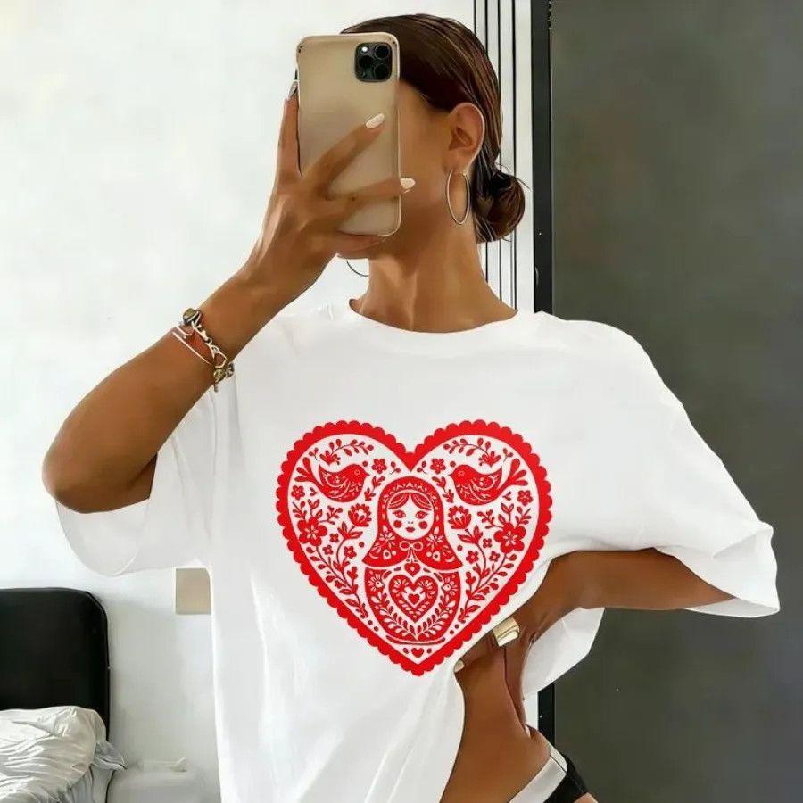 Matryoshka Folk Art Heart Print OversizedtShirt Russian Nesting Doll Tee Russian Fashion Sweet Unisex Streetwear New S