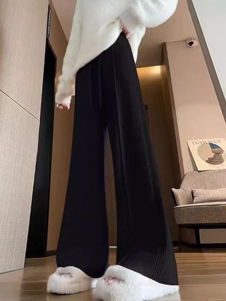 Pit strip knitted wide-leg pants women's autumn and winter new thin casual straight-leg pants drape long pants