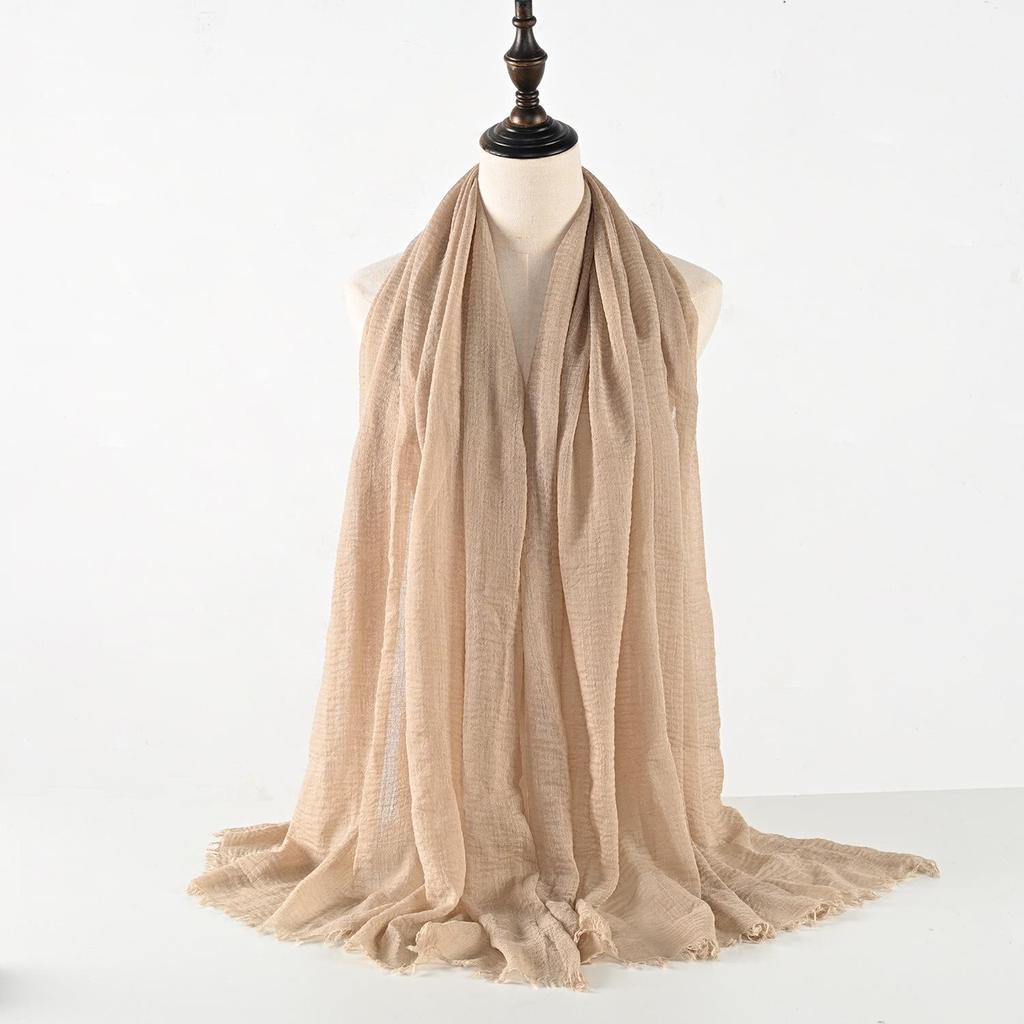 Crinkled Cotton-Linen Blend Scarf with Fringe - Solid Color, 90x180cm, Women's Headscarf