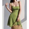 American Fresh Girl Shoulder Strap Green Printed Suspender Dress Women's Summer Waist Thin A-word Skirt Short Skirt