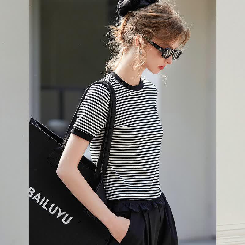 Bailuyu Women s Color-Block Striped Round Neck Slim-Fit Tee L