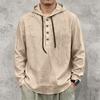 Men's Long Sleeve Hoodie Shirt Linen Drawstring Button Front Pullover Casual Loose Fit Lightweight Top for Spring Autumn