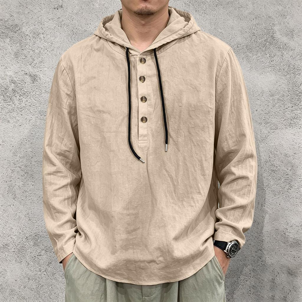 Men's Long Sleeve Hoodie Shirt Linen Drawstring Button Front Pullover Casual Loose Fit Lightweight Top for Spring Autumn