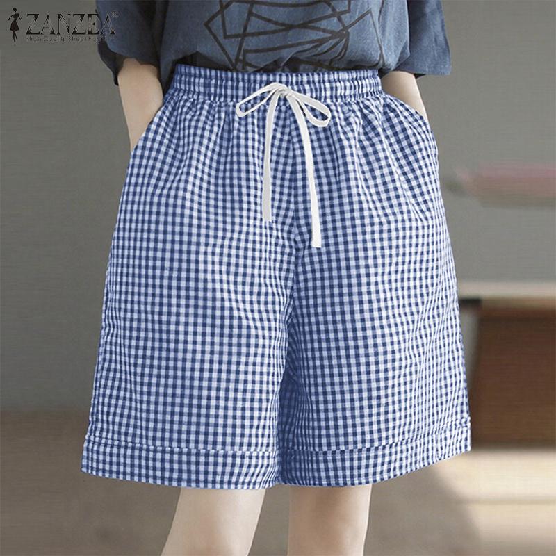 ZANZEA Women Casual Elastic Waist Loose Plaid Print Summer Shorts