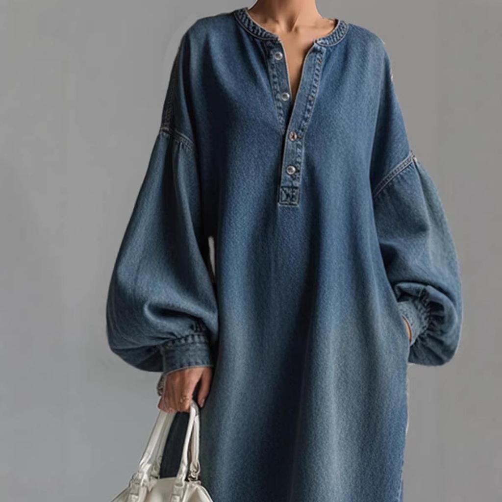 Women Deep Blue Loose Fit V Neck Button Front Puff Sleeve Denim Maxi Dress