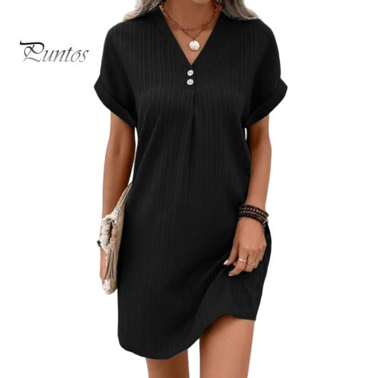Summer Women Dress V Neck Button Short Sleeves Loose Solid Color Pullover Casual Daily Wear Dating Mini Dress