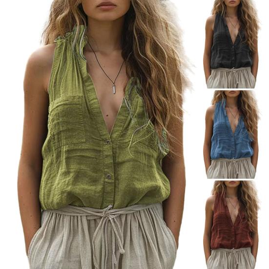 Women Summer Shirt Stand Collar V-Neck Sleeveless Buttons Placket Shirt Tops Solid Color Casual Shirt