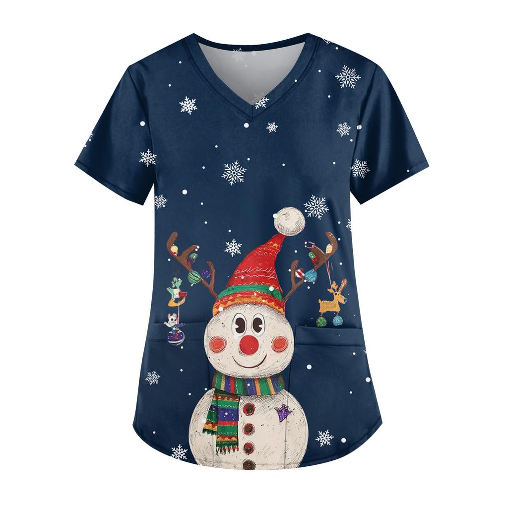 Ladies' Fashionable V-neck Pocket Short Sleeved Christmas Tree Printed Caregiver Uniform