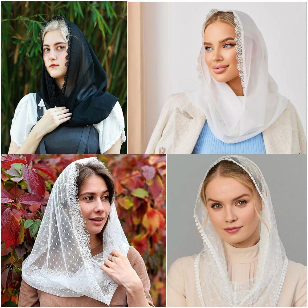 Black White Lace Veils Solid Color Head Scarves Classic Head Covering Scarf Wedding Bride