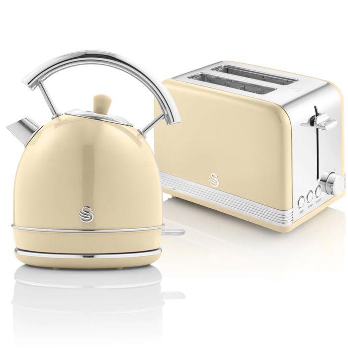 Retro Set Petit-Déjeuner Bouilloire 1,8L Sans fil, Grille-Pain 2 Larges Tranches SWAN STP7050CNEU 850W Crème 57942