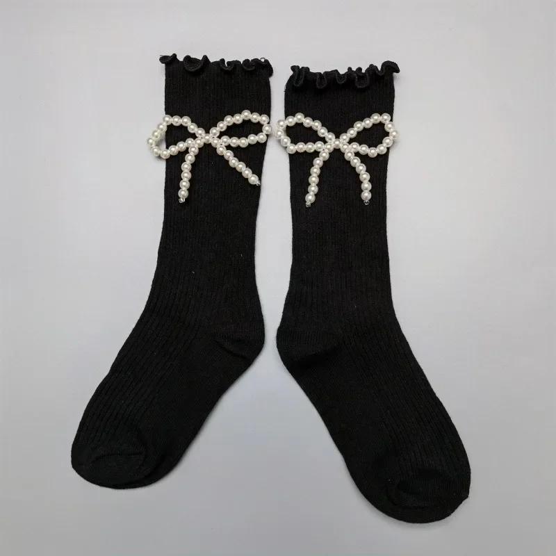 1 Pair Calf Sock for Baby Girls Cute Japanese Pearl Children Girls Over Calf Sock Spring  Autumn Ruffle Princess Lolita Sock