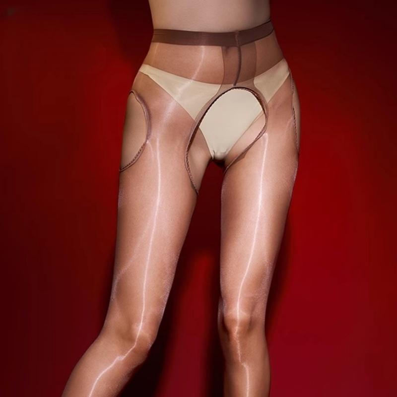 T-förmige Strumpfhose mit offenem Schritt und Hosenträgern, 1D durchsichtig, ölig glänzend, Nylonstrumpfhose, Pole Dance, erotische Clubwear, Damen Sexy Dessous Strumpfwaren