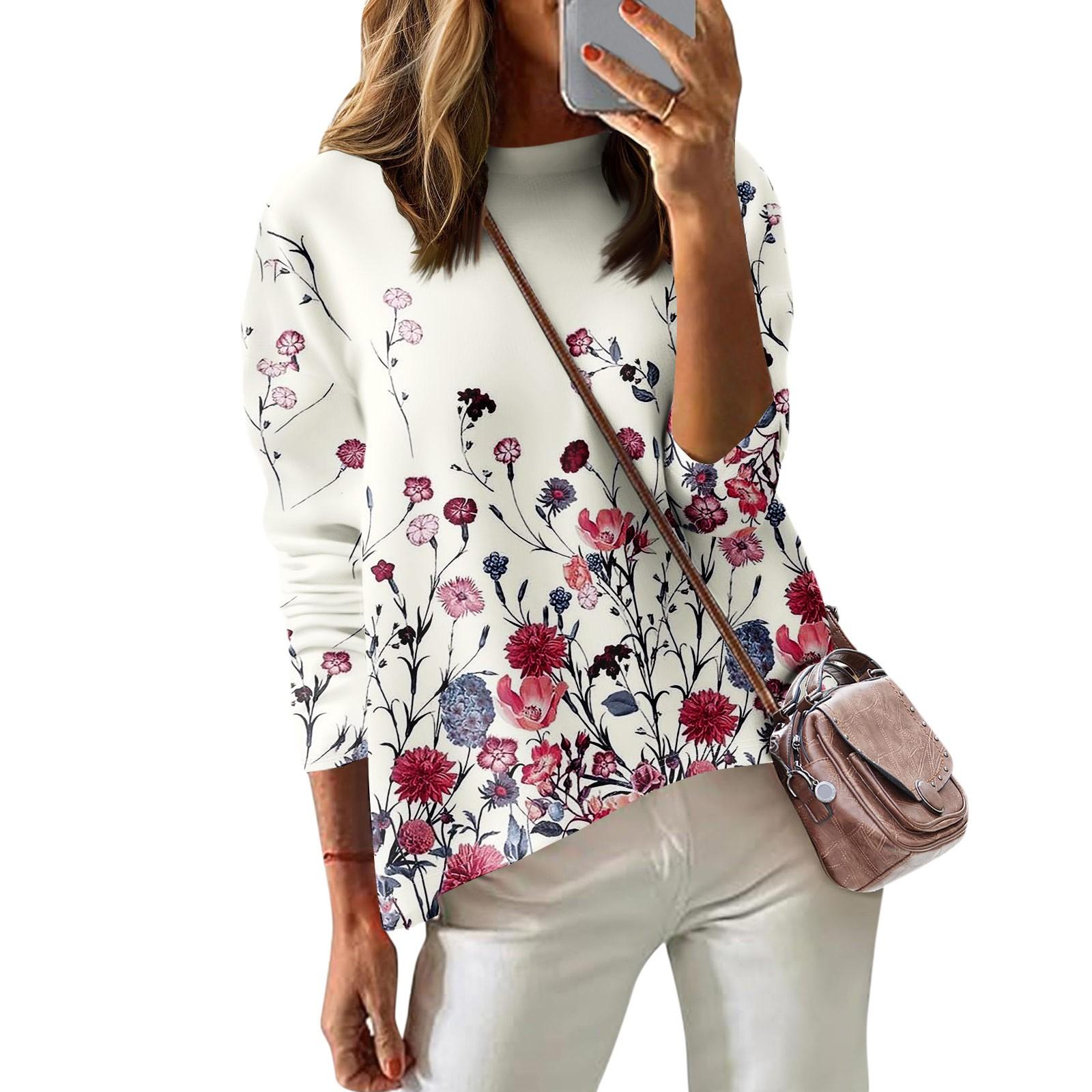 

Женская футболка с цветочным принтом, длинный рукав, повседневная, выходного дня, модная, с заниженной линией плеч, с круглым вырезом, блузка XL красный