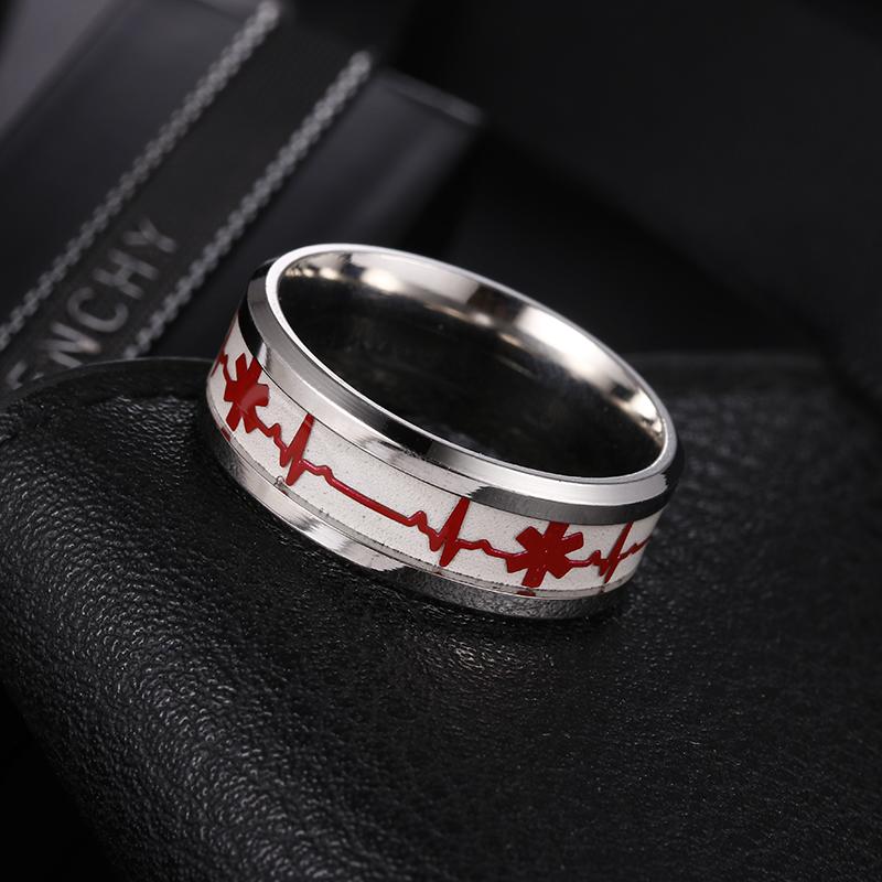 Ljusande Medicinsk Varning ID-ring för Män Kvinnor Rostfritt Stål 8MM Bredd ICE SOS Nödfall Finger Typ 1 Unisex