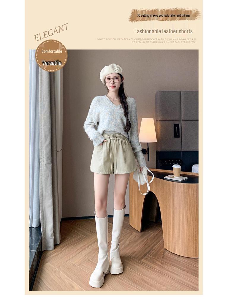 Damen Winter-Bootcut-Shorts aus PU-Leder mit hohem Bund: Elastischer Bund, lockerer Schnitt mit weitem Bein