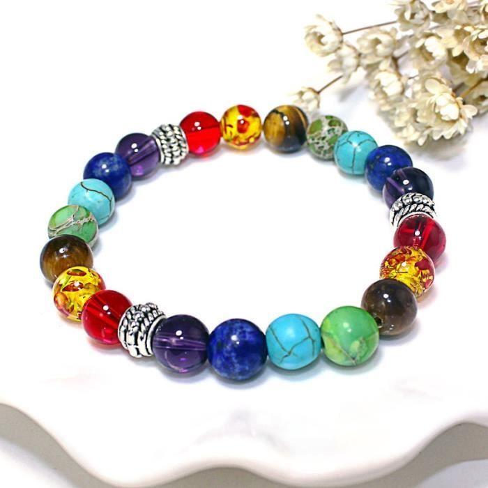 Bracelet - B0272 - 7 Chakras - Natural Lava Stone - Tiger's Eye - 8MM