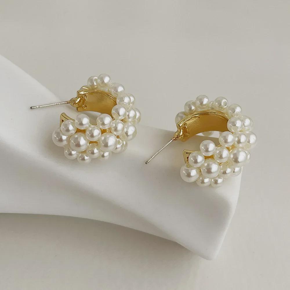 Dongdaemun C-Shaped Pearl Earrings, S925 Silver Needle, Retro Simple Design