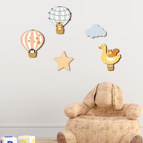 5 Pcs Hot Air Balloon Wall Art with Star Cloud Cartoon Animal Wooden Balloon Nursery Decor Boho Wall Sculpture for Living Room Bedroom Playroom
