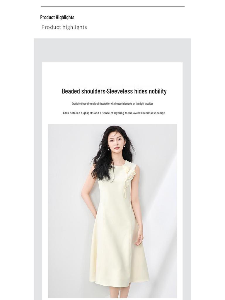 Elegant Three-Dimensional Beaded Floral Waist-Hugging Sleeveless Summer Dress for Women