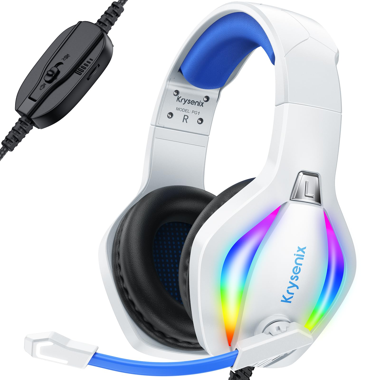 Fone de ouvido para jogos Krysenix PG1 com cancelamento de ruído, alto isolamento acústico, IA com microfone estéreo, entrada para fones de ouvido de computador, luz RGB