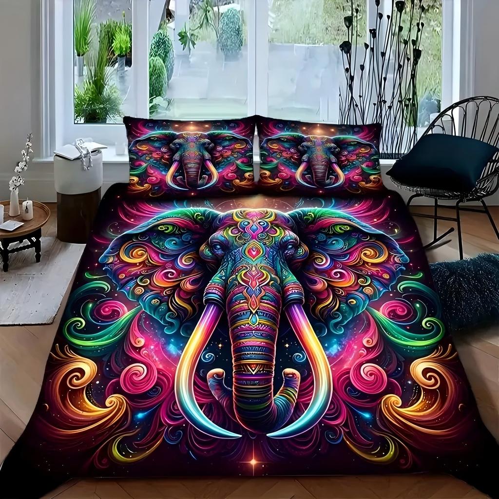 Colorful Elephant Pattern 3D Printed Duvet Cover Soft Comfortable Bedding Set Wildlife Modern Art Style Quilt Cover Pillowcase