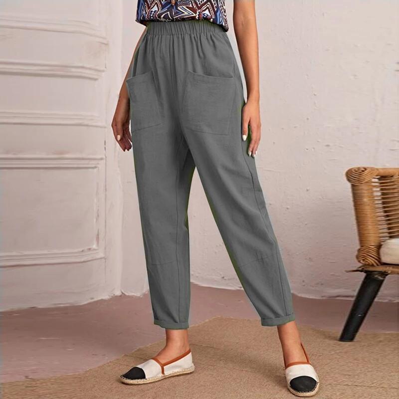 Cotton and Linen Nine-point Pants Elastic Waist Casual Pants Pocket Feet Pants Ladies