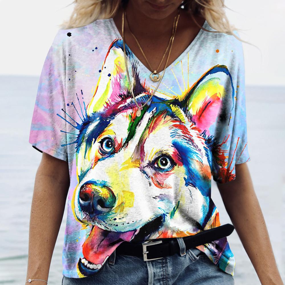 Summer New Women‘s T-shirt Animal Harajuku 3d Print Fashion V-neck Short Sleeve Quality Oversized T-shirt Females Tops Tees
