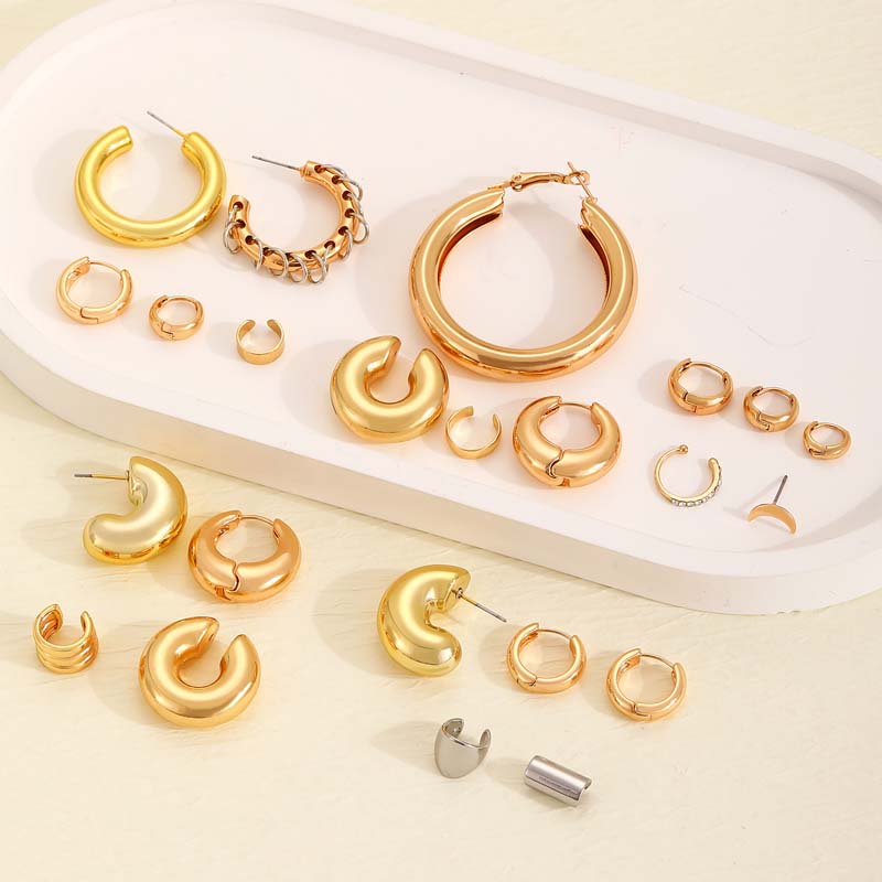 Vintage Gold Color C-Shaped Ear Clip for Women Exaggerated Metal Non-Piercing Ear Cuff Circular Earrings Party Jewelry Set Gifts