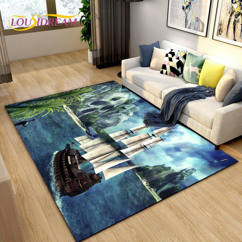 Sea Monster, Boat Ship Barque Area Rug Large,Carpets Rug for Living Bedroom Sofa Doormat Decoration,Kids Play Non-slip Floor Mat