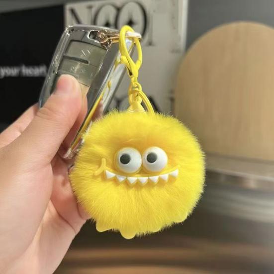 Monster-Inspired Plush Keychain Soft Fuzzy Fur Ball with Big Eyes & Teeth Eye-catching Bag Charm for Keys Backpacks Fun Gift for Teens & Adults